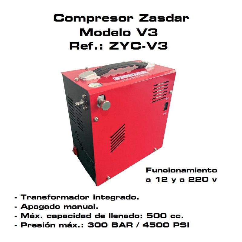 Compresor Eléctrico ZASDAR V3 a 12 v/220 v. PCP 300 BAR. Transformador incluido. Parada manual.
