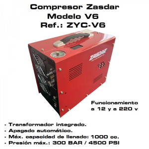 Compresor Eléctrico ZASDAR V6 a 12 v/220 v. PCP 300 BAR. Transformador incluido. Parada automática.
