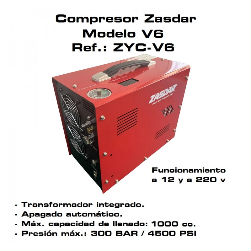 Compresor Eléctrico ZASDAR V6 a 12 v/220 v. PCP 300 BAR. Transformador incluido. Parada automática.