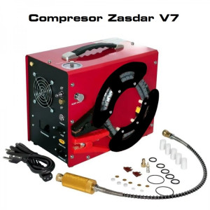Compresor Eléctrico ZASDAR V7 a 12 v/220 v. PCP 300 BAR. Transformador incluido. Parada automática.