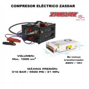 COMPRESOR ELECTRICO 12v/220v para PCP 300 Bar. 1000cc. (4500PSI/30MPH) ZASDAR