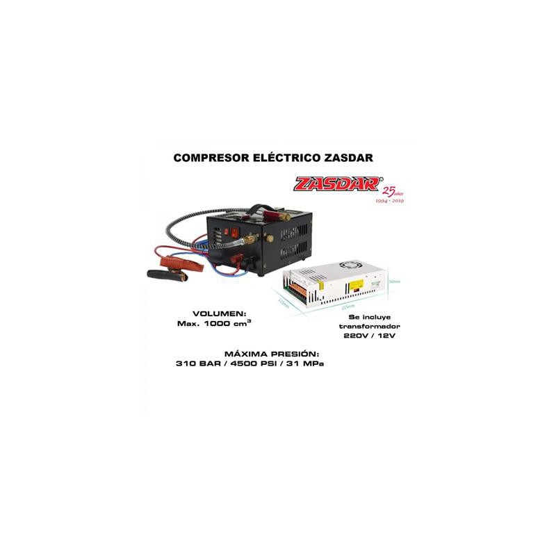 COMPRESOR ELECTRICO 12v/220v para PCP 300 Bar. 1000cc. (4500PSI/30MPH) ZASDAR